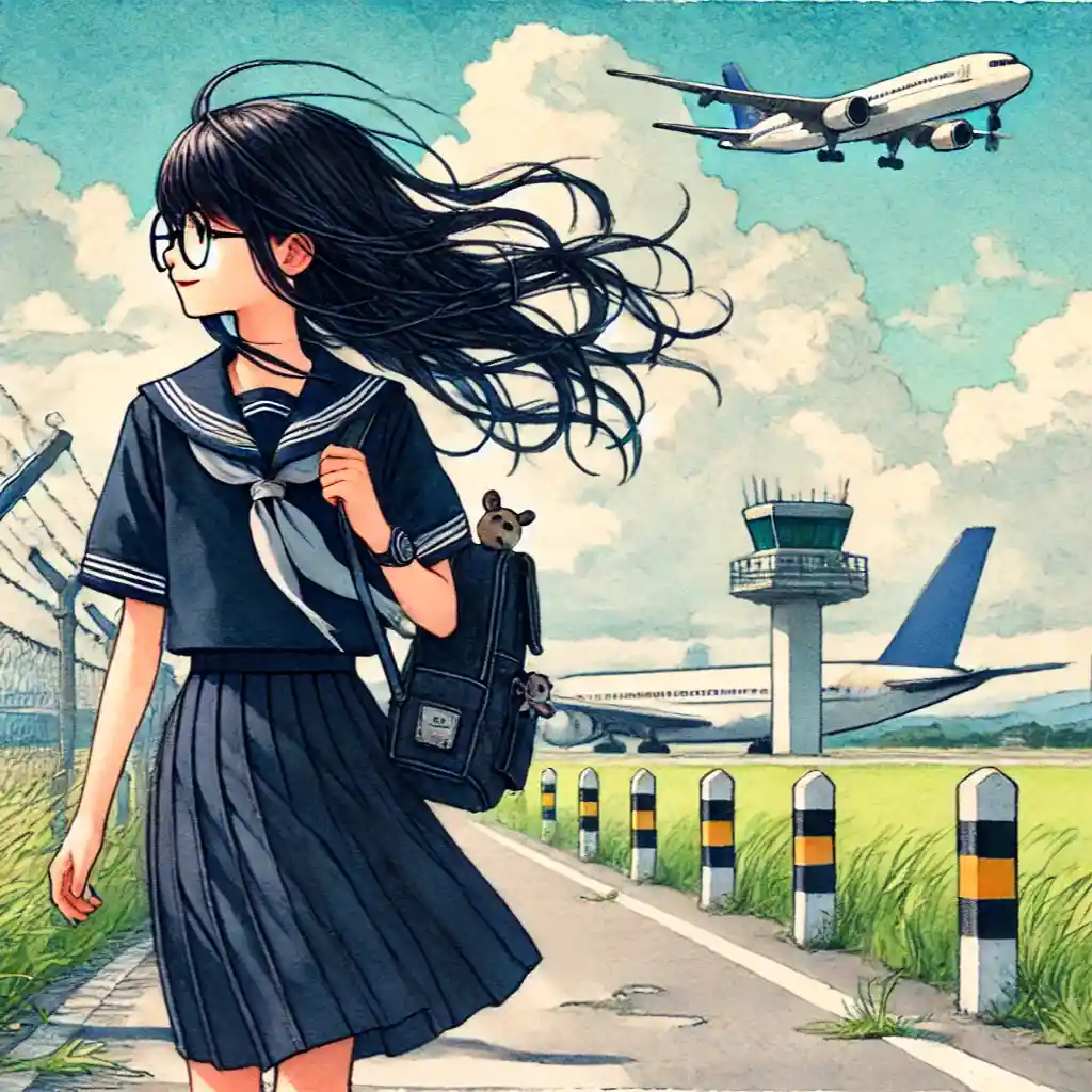 飛行場を歩く女子