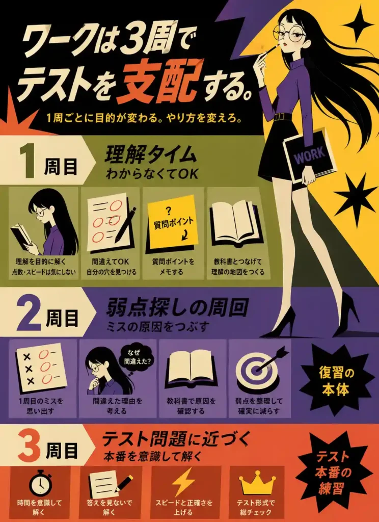 黒髪ロングの眼鏡の女性キャラが立つ横で、ワーク学習の1周目から3周目までの進め方を色分けで解説したレトロ調フラットデザインのインフォグラフィック