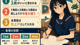 学校ワークを3周・4周する勉強法を説明するインフォグラフィック。女子学生が自室でワークを開き、各周の役割を確認している。