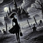 お化け屋敷の前にいる中学生女子