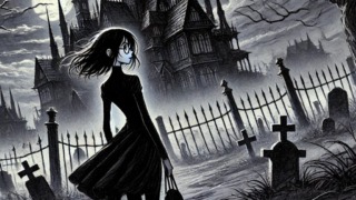 お化け屋敷の前にいる中学生女子