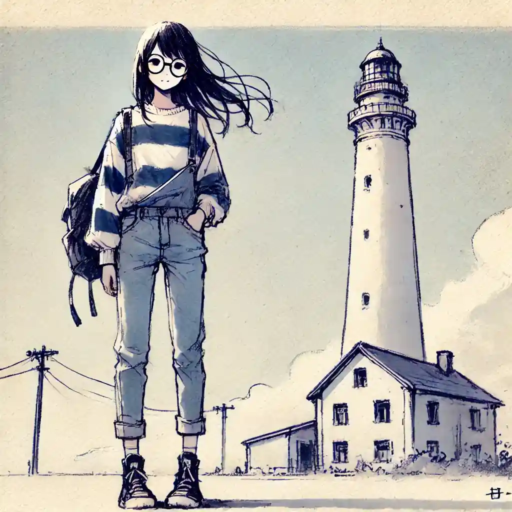 古い灯台の横に立つ女子
