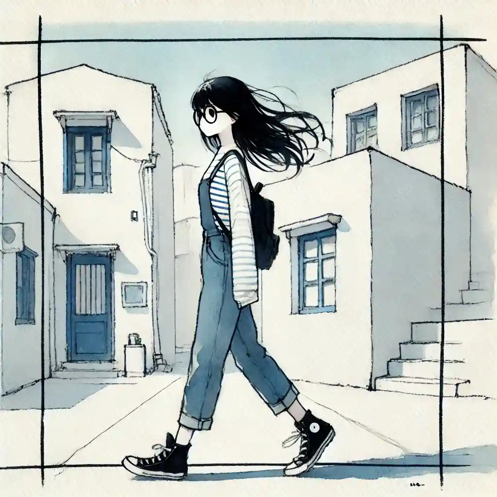 海辺の街を歩いていく女子