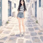 石畳の街で佇む女子