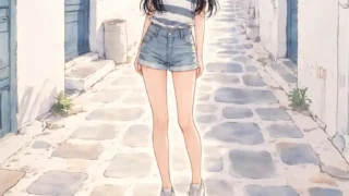 石畳の街で佇む女子