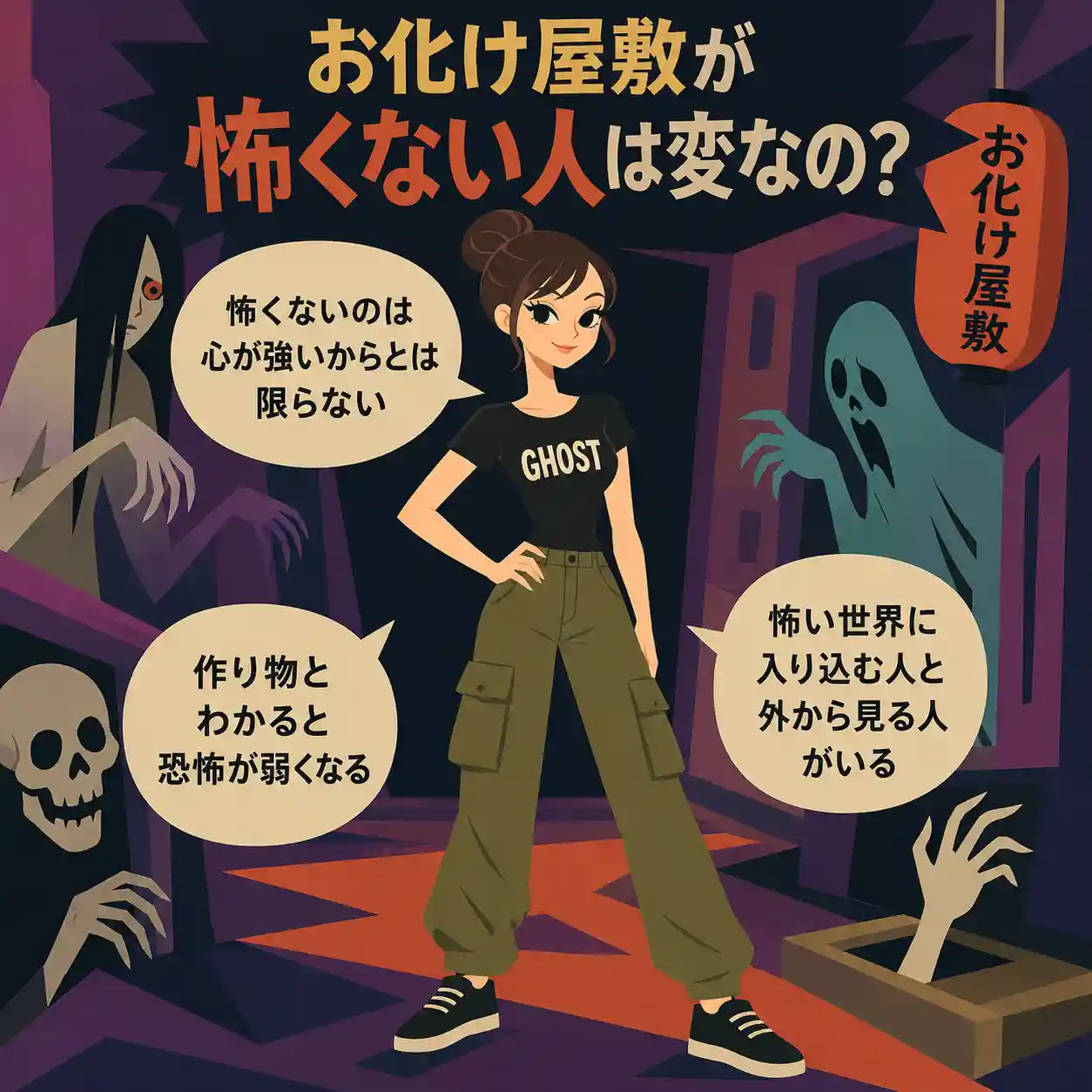 お化け屋敷の中で自信満々に立つ若い女性と、怖くない理由を説明する3つの吹き出しを描いたレトロ風インフォグラフィック。