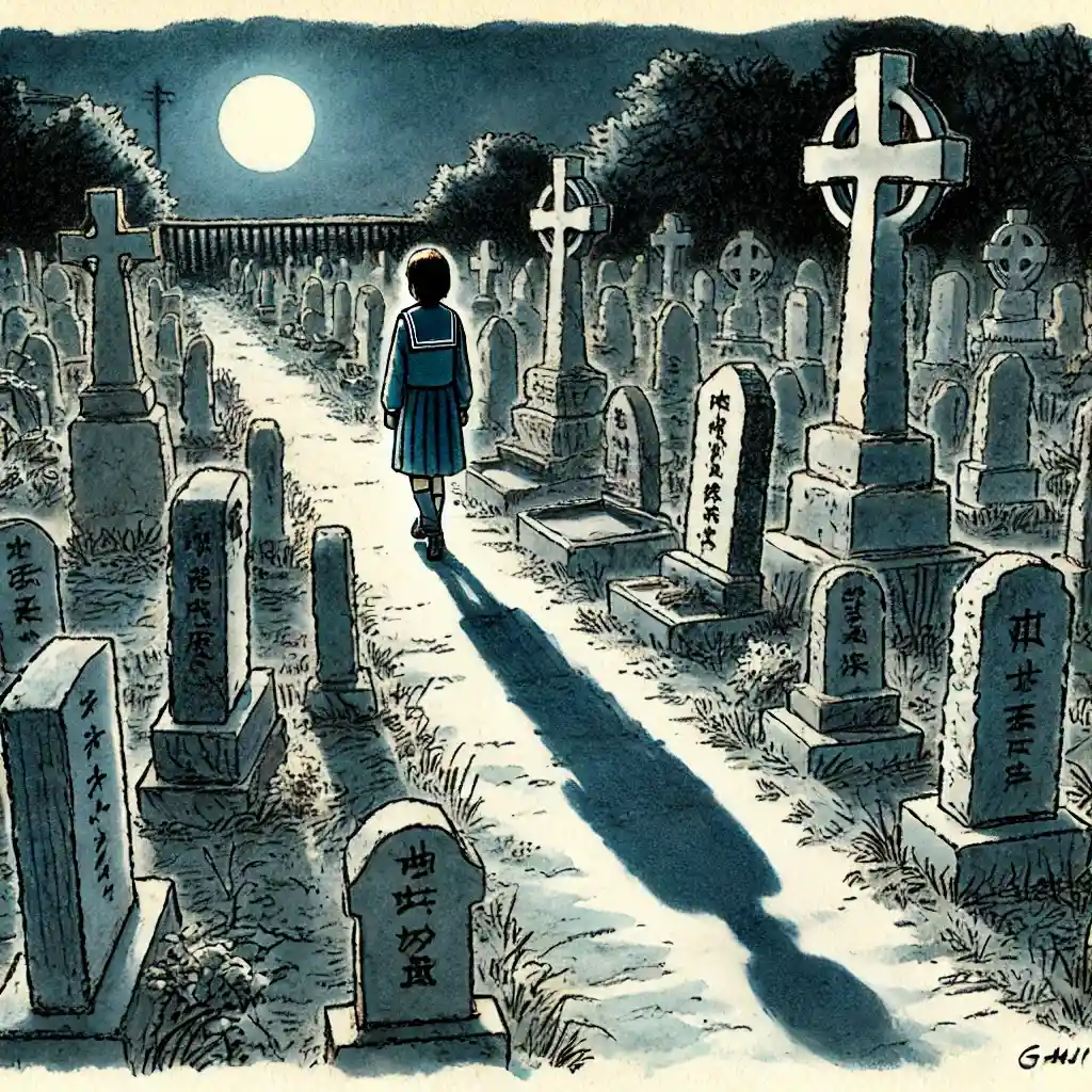 墓場を一人で歩く女子