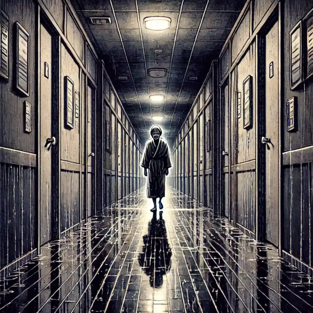 ホテルの廊下を歩いてくるずぶ濡れの塔婆