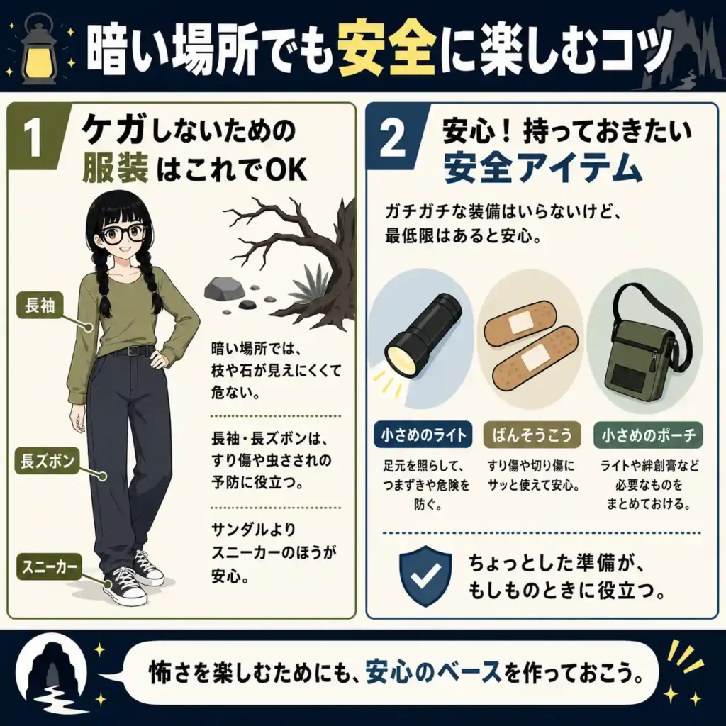 暗い場所を安全に楽しむため、長袖・長ズボン・スニーカーの服装と、小さめのライト・ばんそうこう・ポーチなどの安全アイテムを紹介するインフォグラフィック。