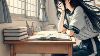 机に座り勉強している女子