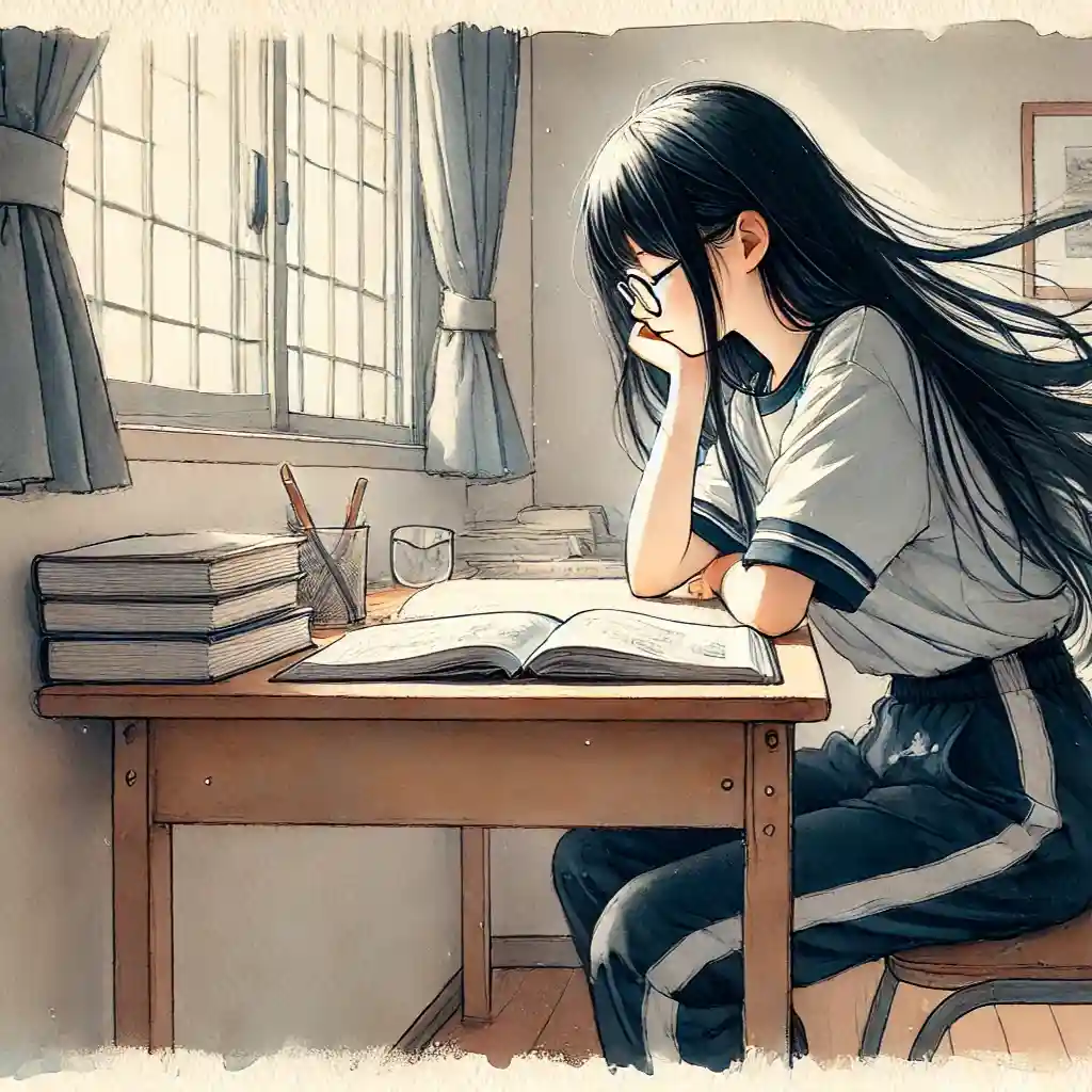 机に座り勉強している女子