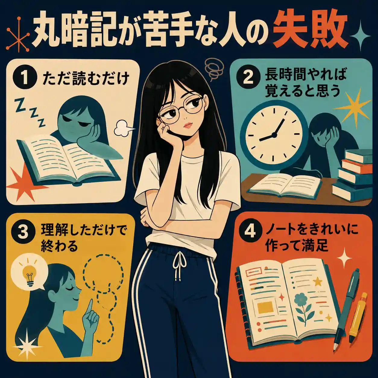 丸暗記が苦手な人の失敗をまとめたインフォグラフィック。中央に丸メガネの若い女性が立ち、周囲に「ただ読むだけ」「長時間やれば覚えると思う」「理解しただけで終わる」「ノートをきれいに作って満足」の4つの失敗例が描かれている。