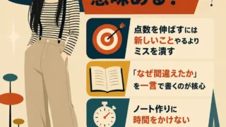 丸メガネの若い女性が立つ、60年代アメリカアニメ風の正方形インフォグラフィック。間違いノートは意味があり、ミスを潰すこと、一言で原因を書くこと、作り込みすぎないこと、完璧を目指さないことを伝えている。