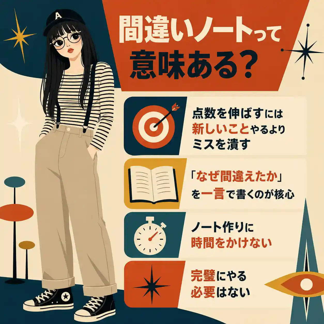 丸メガネの若い女性が立つ、60年代アメリカアニメ風の正方形インフォグラフィック。間違いノートは意味があり、ミスを潰すこと、一言で原因を書くこと、作り込みすぎないこと、完璧を目指さないことを伝えている。