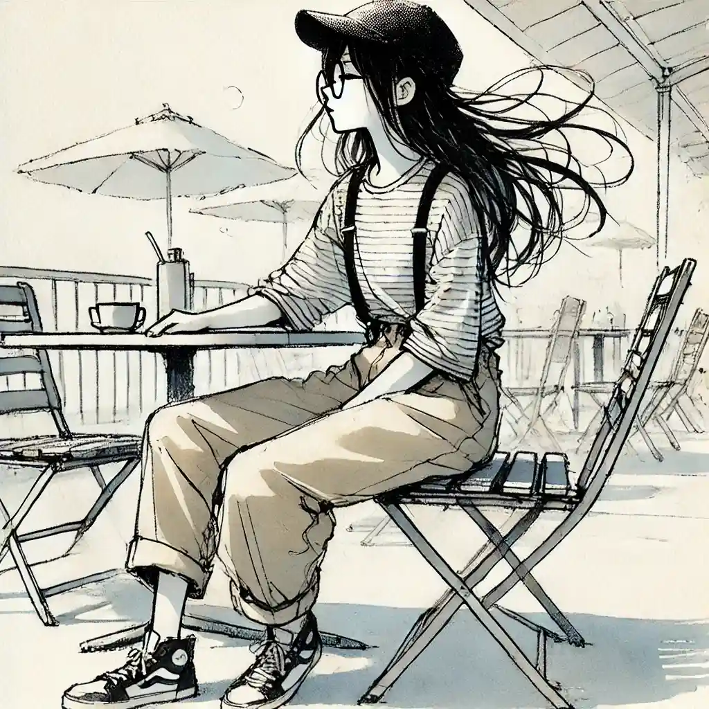 オープンカフェにいる女子