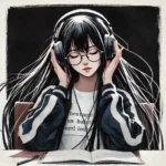 机に座り　音楽を聴いている女子