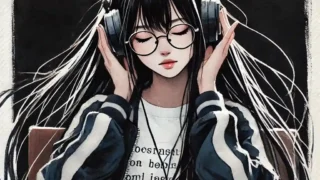 机に座り　音楽を聴いている女子