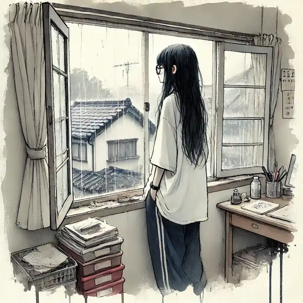 窓から外の雨模様を見る女子