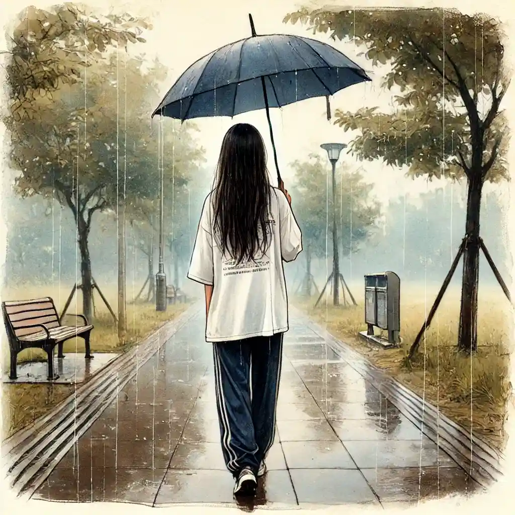 気分転換に雨の中を歩く女子