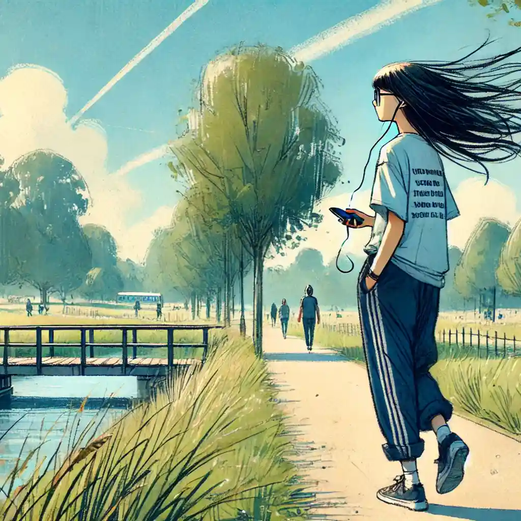 小川のほとりで音楽を聴く女子