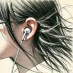 イヤホンをつけた耳　クローズアップ