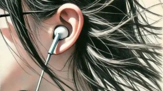 イヤホンをつけた耳　クローズアップ