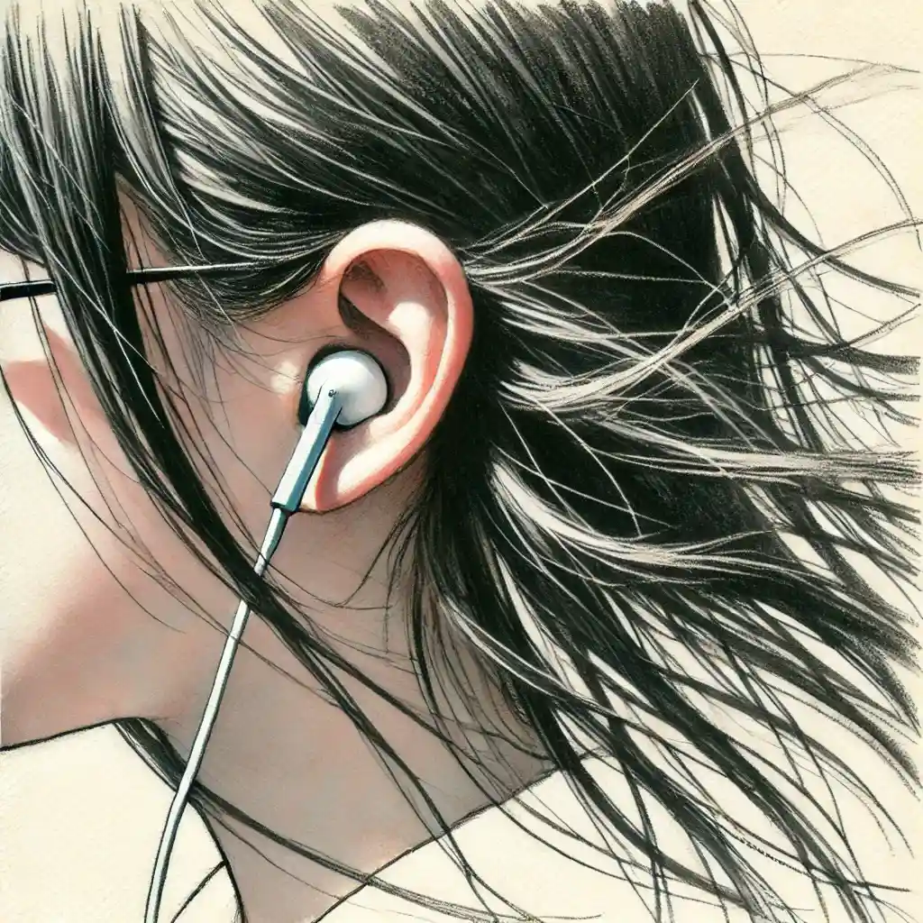 イヤホンをつけた耳　クローズアップ