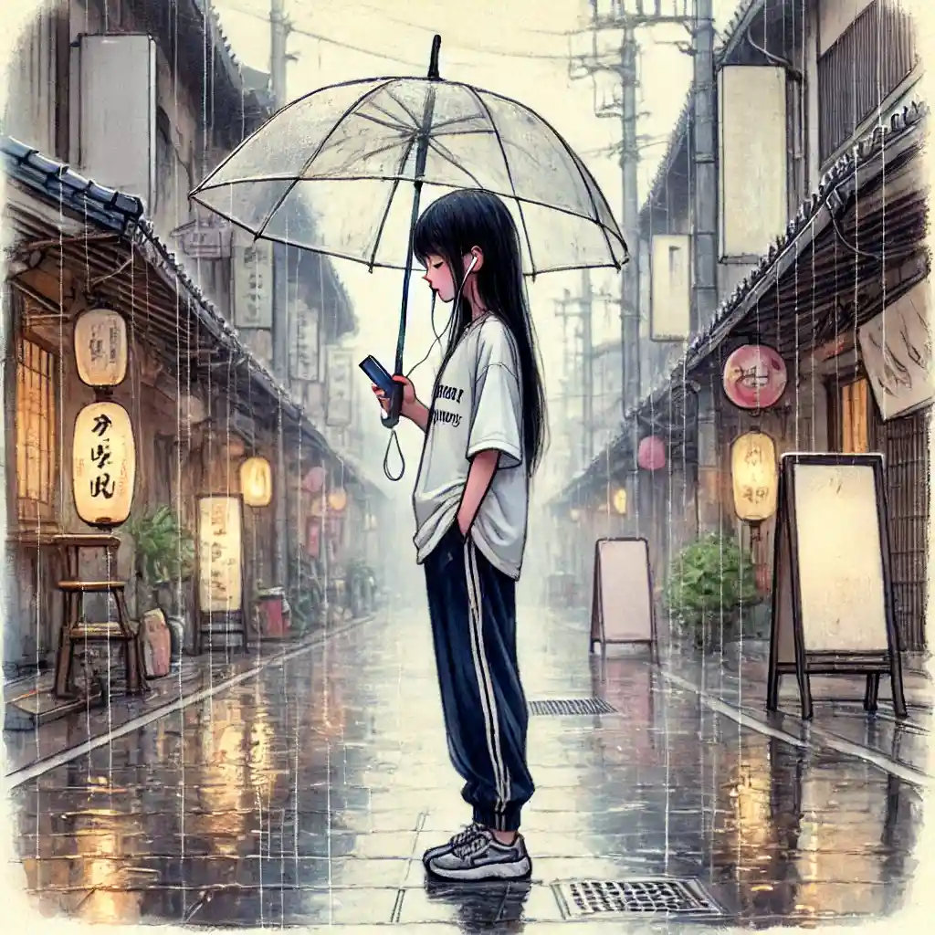 雨の中傘を差して音楽を聴きながら歩く女子