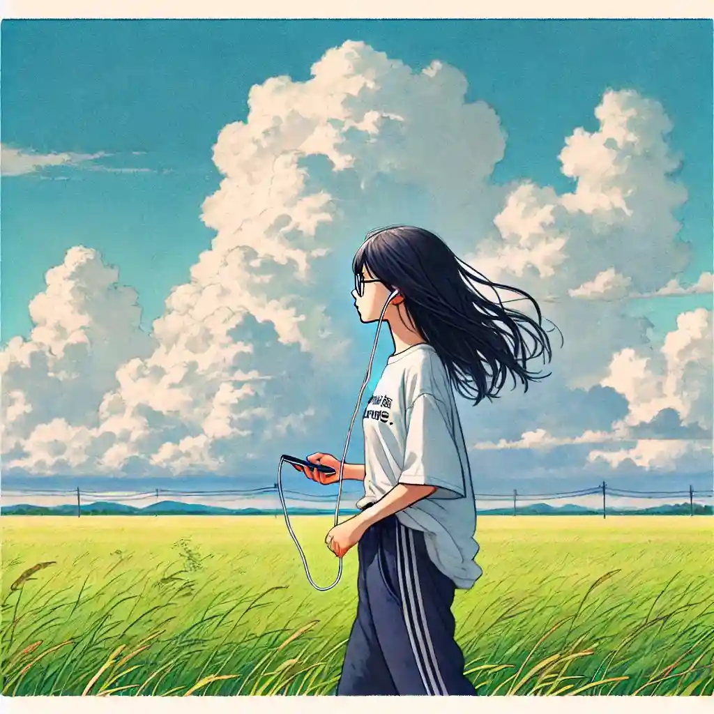 青空の下イヤホンで音楽を聴く女子