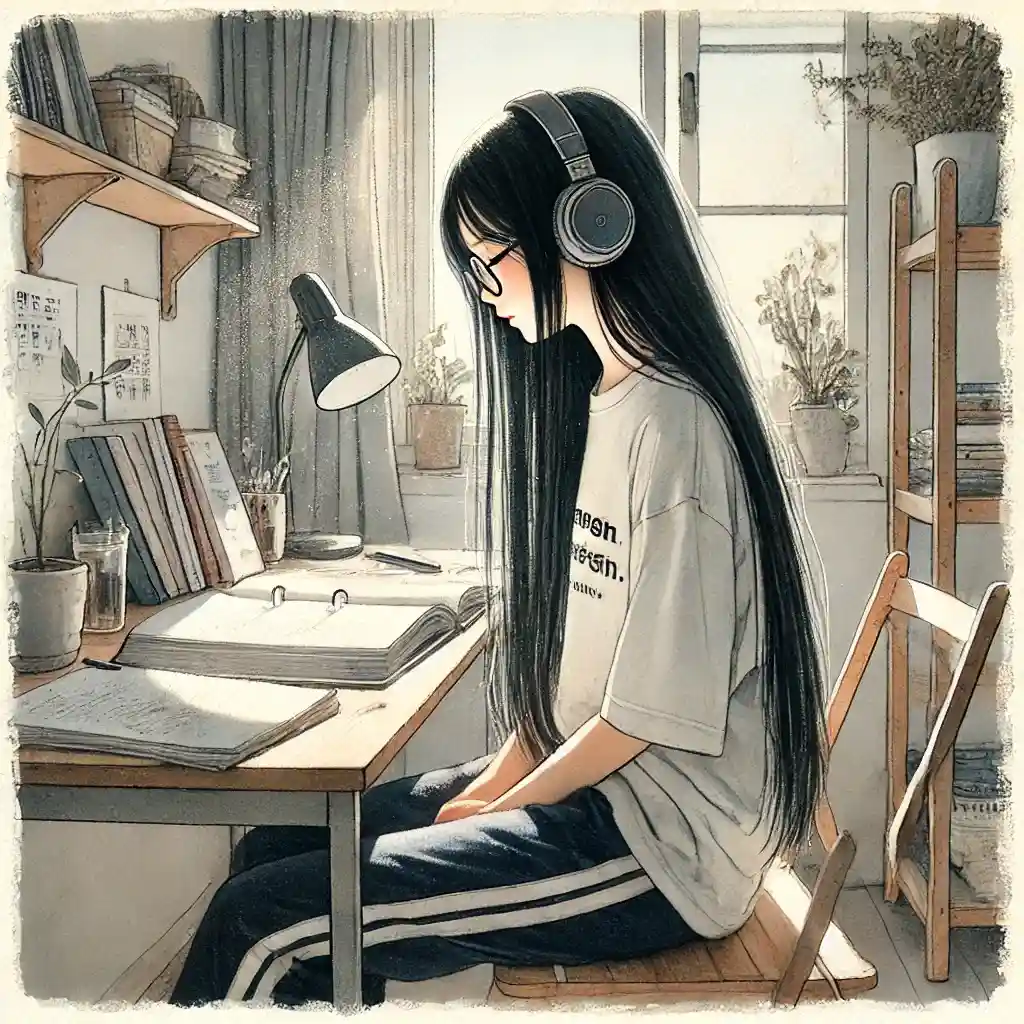 ヘッドホンをつけて勉強を始める女子