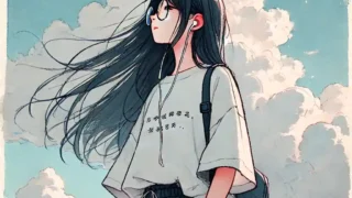 青空の下イヤホンで音楽を聴く女子