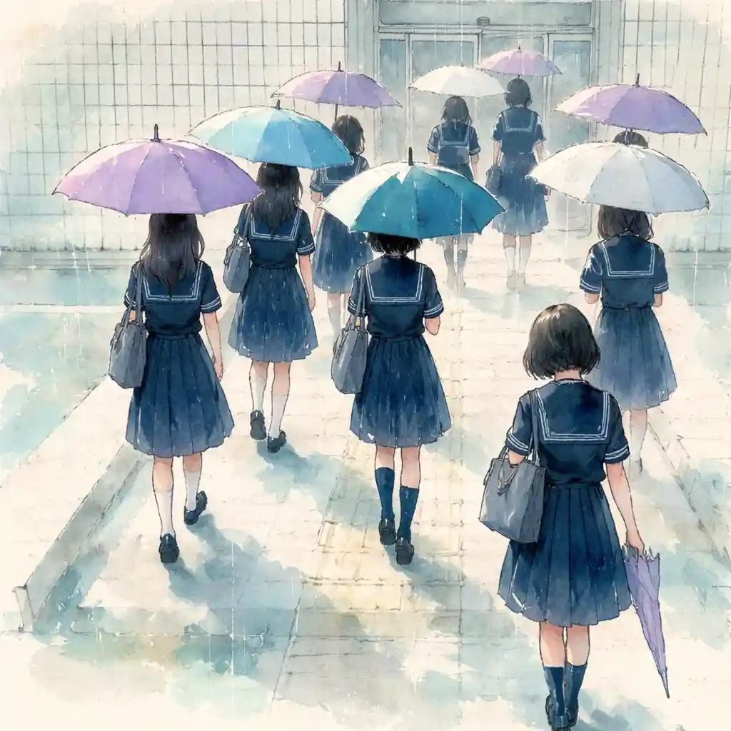 学校の昇降口　雨の中登校してきた生徒たち