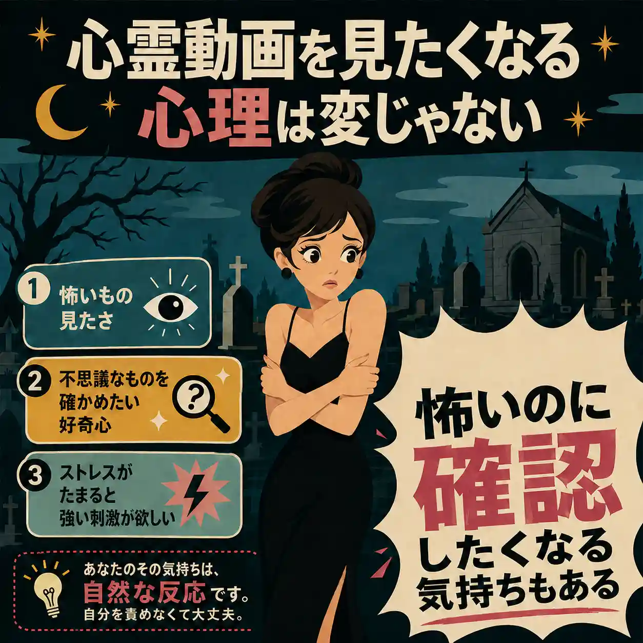 夜の墓地で怯える黒いドレスの若い女性を中心に、心霊動画を見たくなる心理を説明したレトロ調インフォグラフィック。怖いもの見たさ、好奇心、ストレスによる刺激欲求を左に整理し、右側で「怖いのに確認したくなる気持ちもある」と大きく強調している。