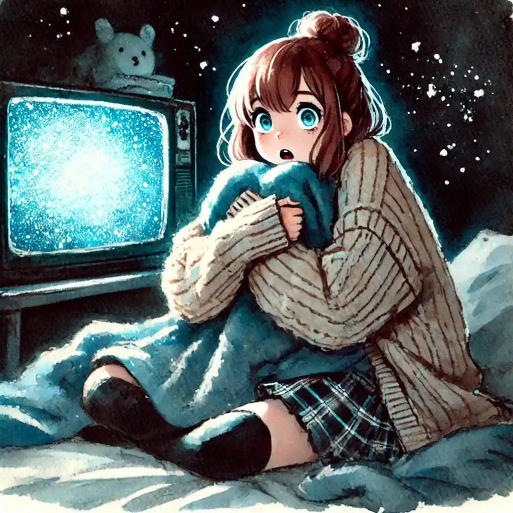 毛布にくるまって怖いテレビを見ている女子