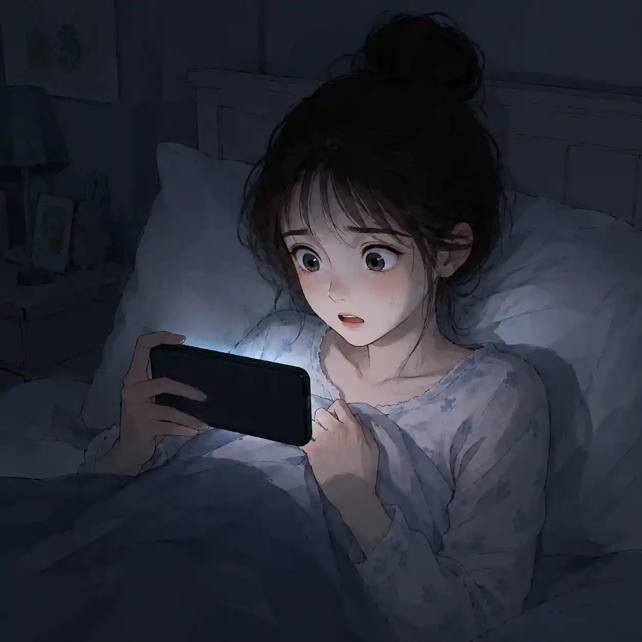 ベッドでつい心霊動画を見てしまう女子