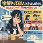 「全然やってない」と言いながらワークを1周ほど終えている中学生女子の勉強あるあるを表したイラスト
