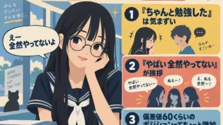 「全然やってない」と言いながらワークを1周ほど終えている中学生女子の勉強あるあるを表したイラスト