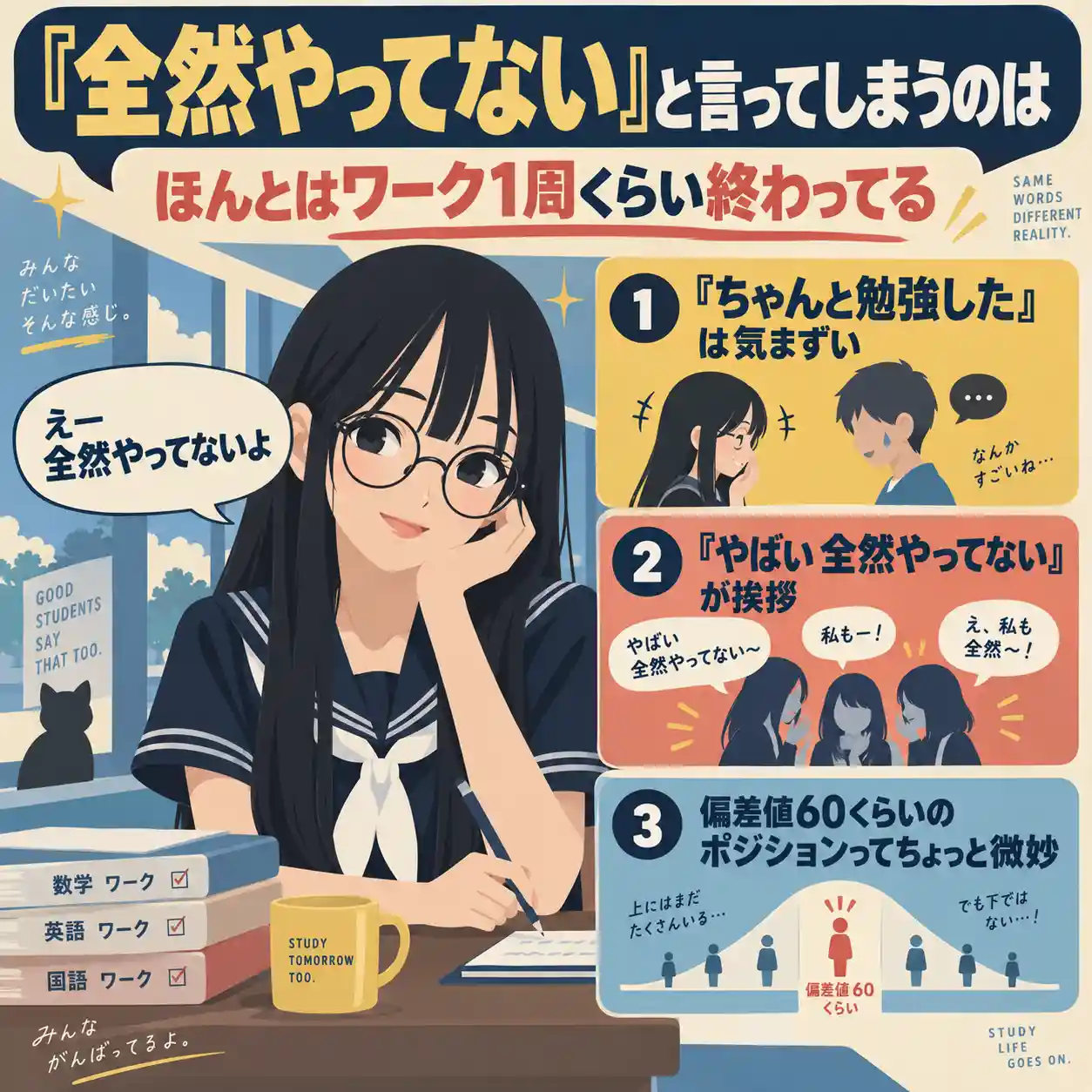 「全然やってない」と言いながらワークを1周ほど終えている中学生女子の勉強あるあるを表したイラスト