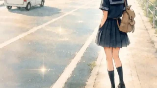 真夏の暑い通学路を歩く女子