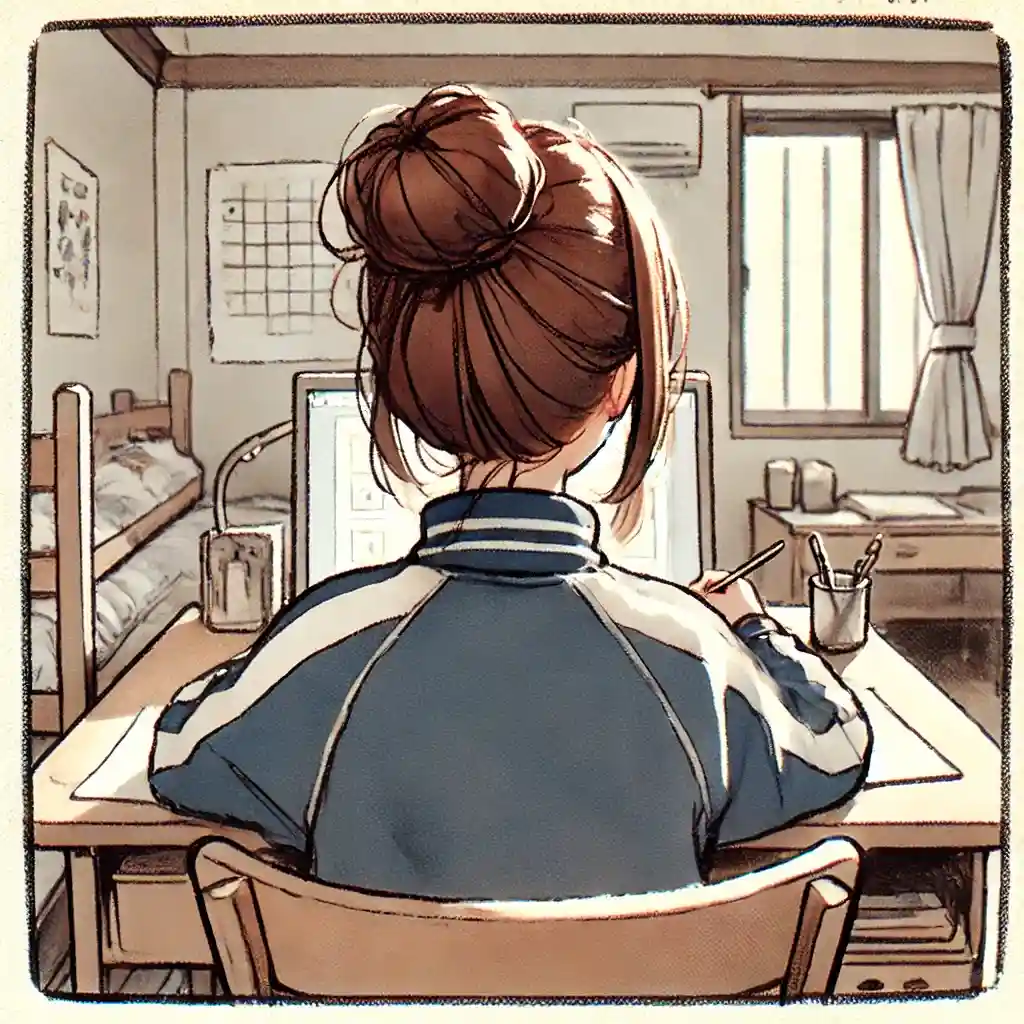 自分の部屋で勉強中の女子