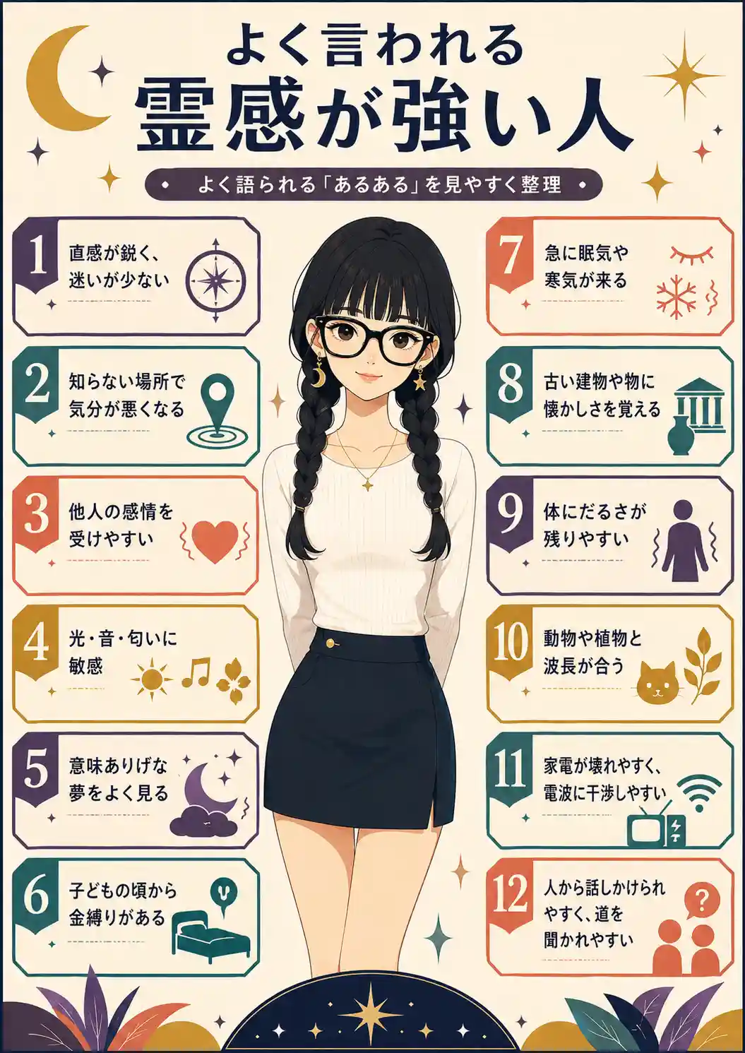 「よく言われる霊感が強い人の特徴12選をまとめたインフォグラフィック。三つ編みでメガネの若い女性を中心に、直感が鋭い、気分が悪くなる、夢をよく見るなどの特徴を整理して紹介。」