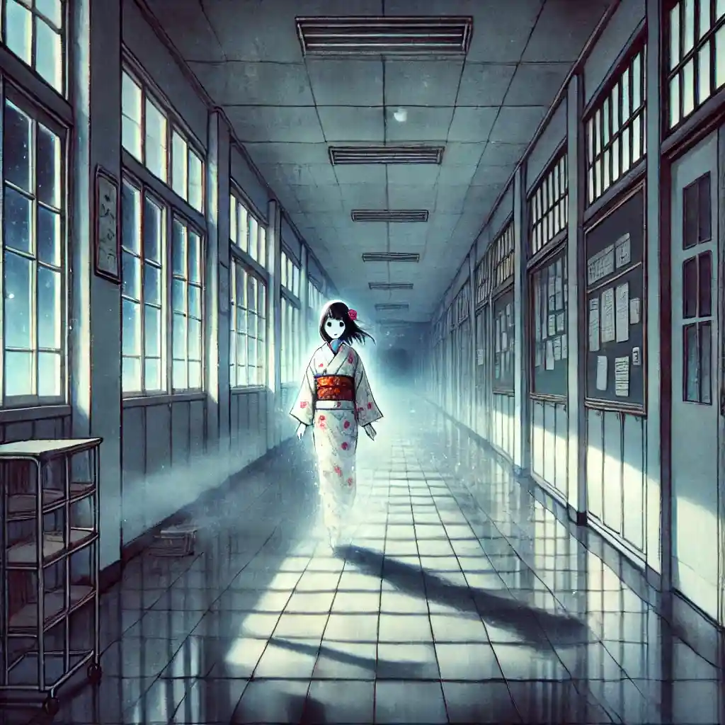 例が歩いている学校の廊下