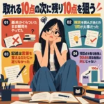悔しそうな表情で机に向かう黒髪の女子生徒を中心に、90点から100点を目指す勉強法の気づき4つをまとめた、60年代アメリカアニメ風の正方形インフォグラフィック。