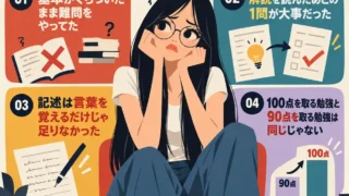 悔しそうな表情で机に向かう黒髪の女子生徒を中心に、90点から100点を目指す勉強法の気づき4つをまとめた、60年代アメリカアニメ風の正方形インフォグラフィック。