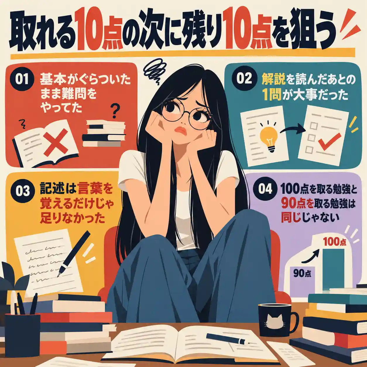 悔しそうな表情で机に向かう黒髪の女子生徒を中心に、90点から100点を目指す勉強法の気づき4つをまとめた、60年代アメリカアニメ風の正方形インフォグラフィック。