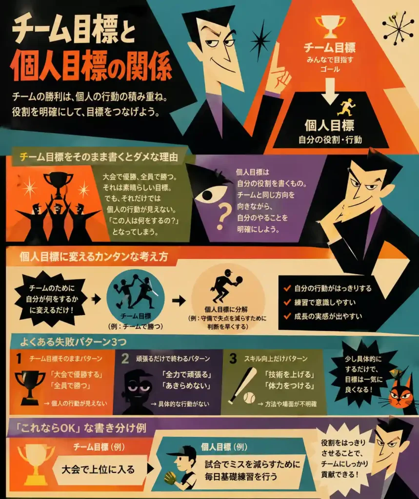 チーム目標と個人目標の違いと関係を説明した、インフォグラフィック。チームのゴールから個人の行動へ分解する流れや、よくある失敗例、具体的な書き分け例が図解されている。
