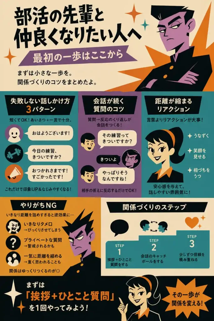 部活の先輩と仲良くなる方法をまとめたインフォグラフィック。怖そうな先輩と対比しつつ、挨拶＋ひとこと質問、質問→共感の返し、うなずきや笑顔などのリアクション、距離を詰めすぎない注意点、関係づくりの3ステップを分かりやすく示している。