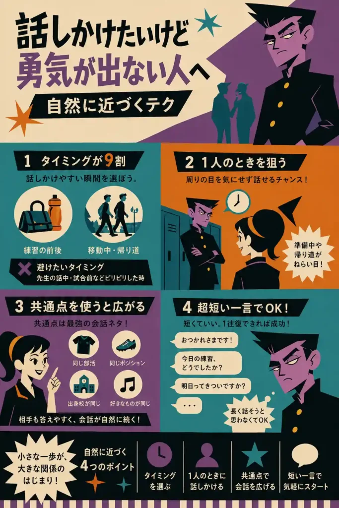 話しかけたいけど勇気が出ない人向けのインフォグラフィック。怖そうな先輩を配置しつつ、話しかけやすいタイミング（練習前後・移動中）、1人のときを狙うコツ、共通点で会話を広げる方法、短い一言テンプレで自然に近づくテクを整理している。 