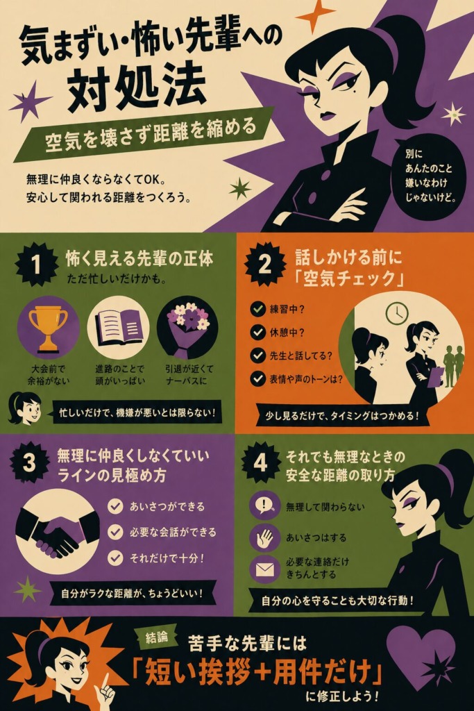 気まずい・怖い先輩への対処法をまとめたインフォグラフィック。女性の先輩キャラを中心に、怖く見える理由、話しかけ前の空気チェック、無理に仲良くしないライン、安全な距離の取り方を整理し、「短い挨拶＋用件だけ」の関わり方を提案している。