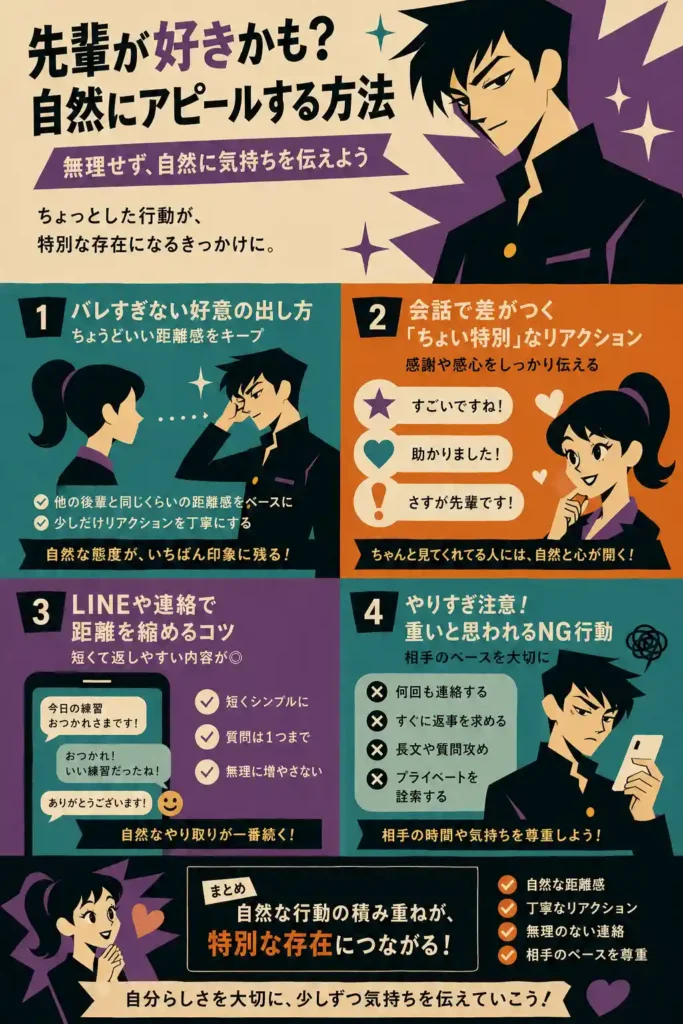 先輩が好きかもしれない人向けのインフォグラフィック。イケメンの先輩を中心に、バレすぎない距離感の保ち方、感謝や共感を伝えるリアクション、LINEでの自然なやり取り、重くならないためのNG行動を分かりやすく整理している。